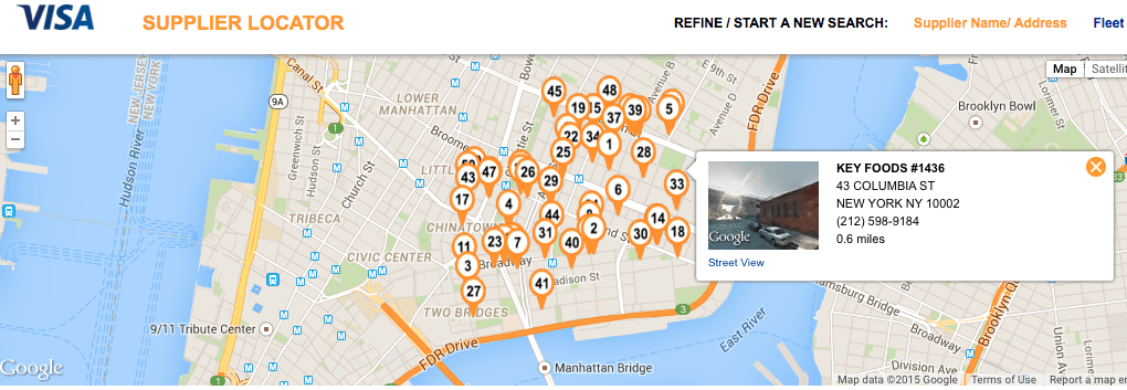 The Visa supplier locator tool finds nearby merchants that have a certain MCC.